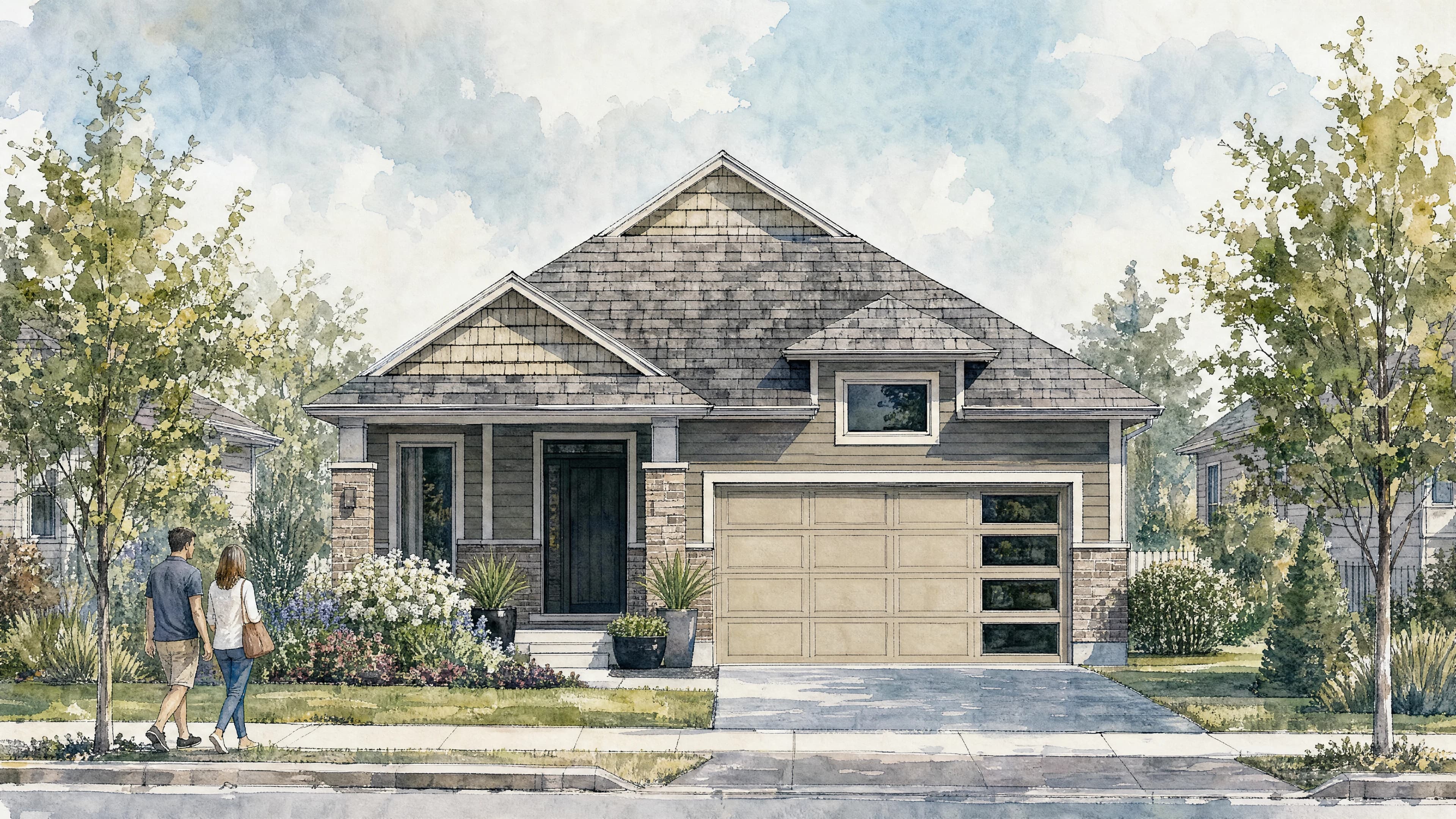 Watercolour interpretation of the Beverly bungalow at Mayberry Hill, with two people walking along the sidewalk