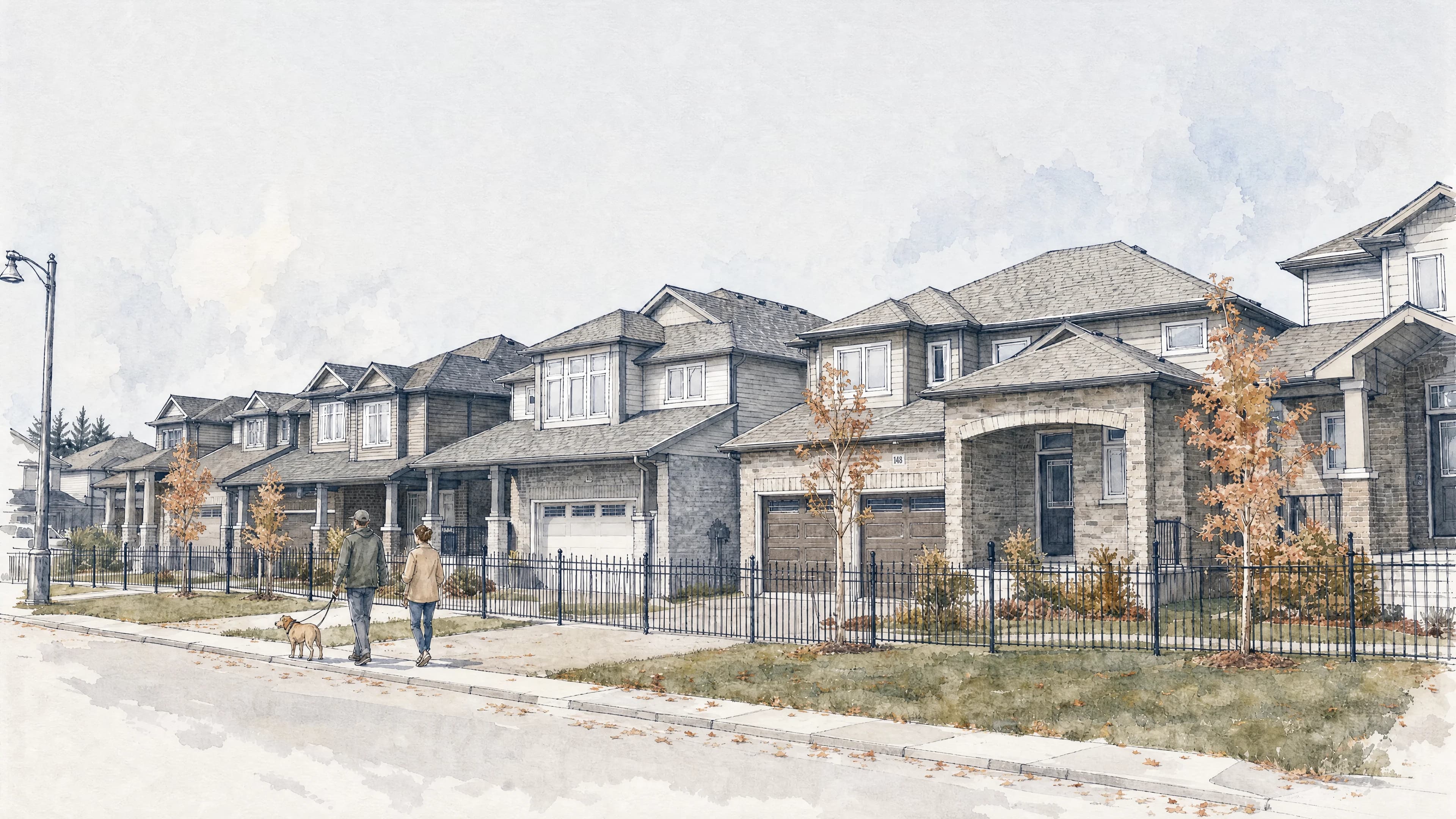 The Mayberry Hill homes in autumn watercolour, with muted copper leaves along the sidewalk